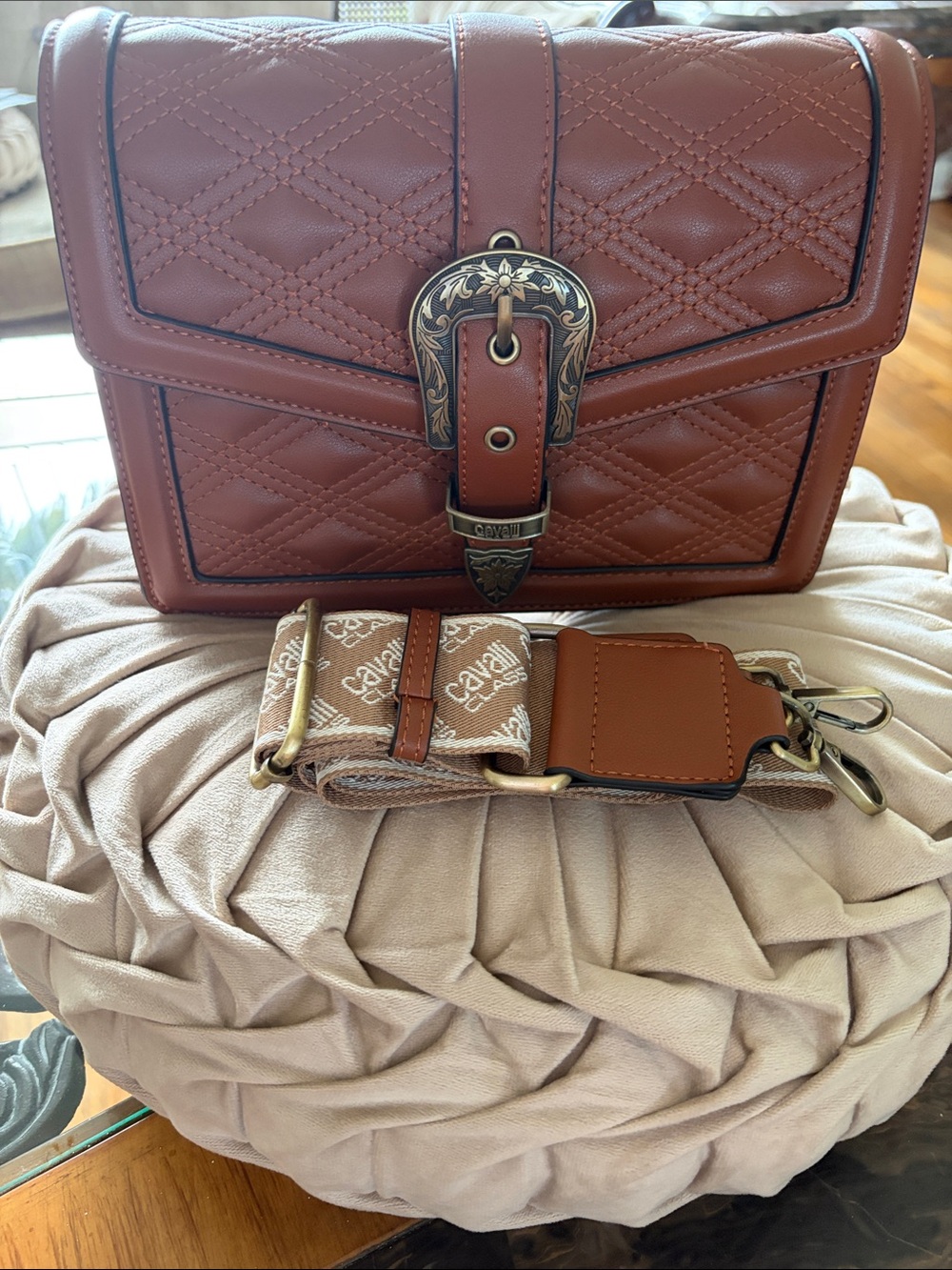 New Cavalli Class Quilted Crossbody Bag in Brown with Branded Strap